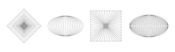 Set of abstract wireframe 80s style. Retro futuristic technology in grid line for graphic element. Collection of 3D mesh illustration design form vector