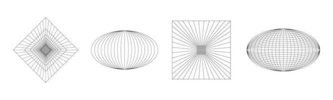 conjunto de estilo de estructura alámbrica abstracta de los años 80. tecnología retro futurista en línea de cuadrícula para elemento gráfico. colección de formulario de diseño de ilustración de malla 3d vector