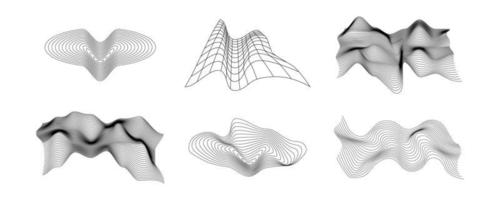 conjunto de estilo de estructura alámbrica abstracta de los años 80. tecnología retro futurista en línea de cuadrícula para elemento gráfico. colección de formulario de diseño de ilustración de malla 3d vector