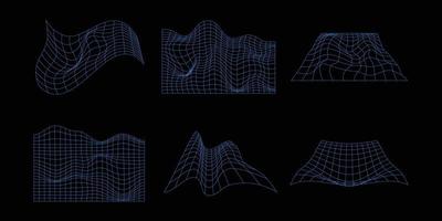 conjunto de estilo de estructura alámbrica abstracta de los años 80. tecnología retro futurista en línea de cuadrícula para elemento gráfico. colección de formulario de diseño de ilustración de malla 3d vector