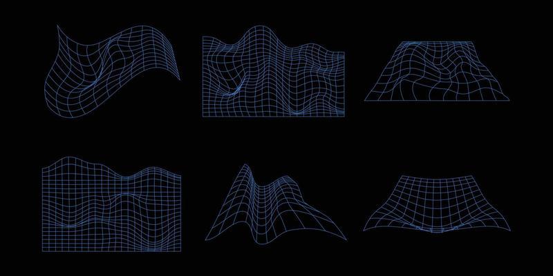 Set of abstract wireframe 80s style. Retro futuristic technology in grid line for graphic element. Collection of 3D mesh illustration design form