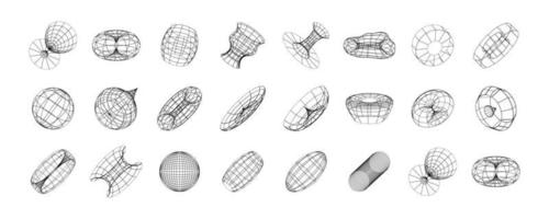 conjunto de estilo de estructura alámbrica abstracta de los años 80. tecnología retro futurista en línea de cuadrícula para elemento gráfico. colección de formulario de diseño de ilustración de malla 3d vector