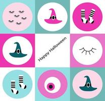 Vector Cute Halloween Set, poster, card wiih Witch ha and shoes, flat cartoon vector illustration