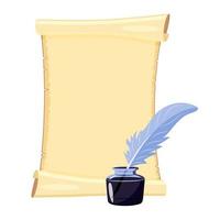 Scroll of sheet of parchment with inkwell and quill. Vector illustration of old canvas isolated on white.