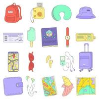 A set of tourist items. Colorful vector illustration in cartoon style isolated on a white background. Collection of graphic elements