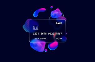 Glass morphism credit card template. Plastic rectangle of transparent plastic with blur effect. Liquid shapes morphism abstract art. vector