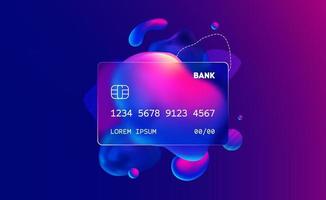 Glass morphism credit card template. Plastic rectangle of transparent plastic with blur effect. Liquid shapes morphism abstract art. vector