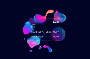 Glass morphism credit card template. Plastic rectangle of transparent plastic with blur effect. Liquid shapes morphism abstract art. vector