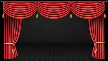 Theater stage with red curtain red curtain and wooden floor. Vector illustration.