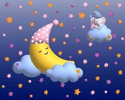 la luna dulce y el elefante bebé están durmiendo en las nubes. fondo infantil con luna, estrellas, nubes. renderizado 3d foto