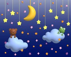 Cute bear and frog sitting on a cloud. Children's background with moon, stars, clouds. 3d render photo