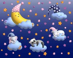 Sweet moon and baby elephant are sleeping in the clouds. Children's background with moon, stars, clouds. 3d render photo