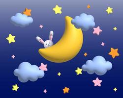 A cute hare is sitting on a crescent moon. Children's backgrounds with the moon, stars, clouds. 3d render photo