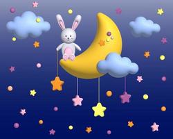 A cute hare is sitting on a crescent moon. Cartoon character for invitation, poster, print and greeting card. 3d render photo