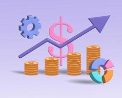 Stacks of coins and the arrow of the rise and fall of the graph, a round graph and a large dollar sign, 3D rendering. photo