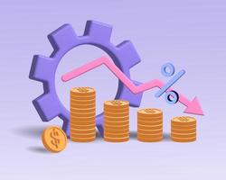 Stacks of coins and an arrow of growth and fall of the graph, a large gear on a blue background, 3d render photo