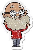 distressed sticker of a cartoon curious man with beard and glasses vector