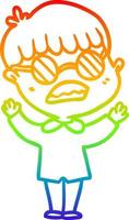 dibujo de línea de gradiente de arco iris niño de dibujos animados con gafas vector