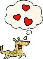 cartoon dog with love hearts and thought bubble in comic book style vector