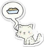 cute cartoon cat and food and speech bubble distressed sticker vector