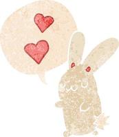cartoon rabbit in love and speech bubble in retro textured style vector