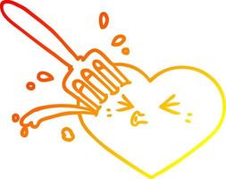 warm gradient line drawing cartoon love heart stuck with fork vector