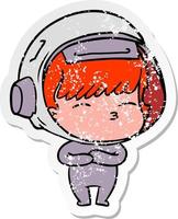 distressed sticker of a cartoon curious astronaut vector