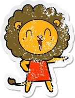 distressed sticker of a laughing lion cartoon vector