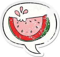 cartoon watermelon and speech bubble distressed sticker vector