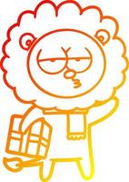 warm gradient line drawing cartoon tired lion with gift vector