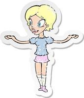 retro distressed sticker of a cartoon woman with arms spread wide vector