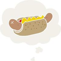 perrito caliente de dibujos animados y burbuja de pensamiento en estilo retro vector