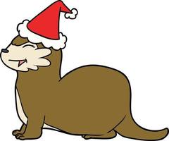 laughing otter line drawing of a wearing santa hat vector