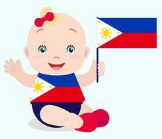 Smiling baby toddler, girl holding a Philippines flag isolated on white background. Vector cartoon mascot. Holiday illustration to the Day of the country, Independence Day, Flag Day.