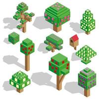 árboles florecientes vectoriales isométricos establecidos para bosque, parque, ciudad. iconos del kit de construcción de paisajes para juegos, mapas, impresiones, ets. aislado sobre fondo blanco. vector