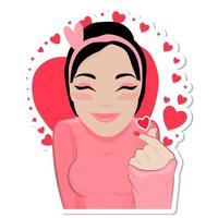 Love, Cartoon friendly brunette woman smiles and squints with love, smiling girl flirts and a lot of hearts. vector