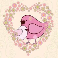 Mother's Day greeting background with cute cartoon birds. Graphics illustration for card, T-shirt. A small nestling next to a large bird in the frame of a heart made of flowers. vector