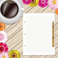 Cup of coffee, flowers, pen and paper on a wooden table. Greeting floral card. Vector flat lay design.