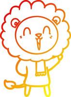 warm gradient line drawing laughing lion cartoon in winter clothes vector