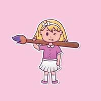 Cute cartoon girl with big brush in vector illustration