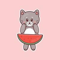 Cute cartoon cat with watermelon in vector illustration