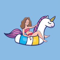 linda chica de dibujos animados en un círculo inflable en forma de unicornio vector