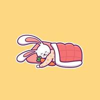 A cute cartoon hare sleeps with a carrot under the blanket vector