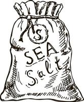 sal una bolsa de sal, sal marina. boceto de ingrediente de especias para hornear o cocinar sal de cocina vector