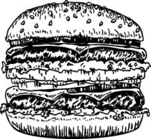 Big burger, hamburger hand drawing vector drawing sketch retro style. Hand drawn hamburger illustration