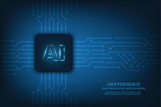 Vector futuristic microchip CPU circuit board blue light artificial intelligence concept. Technology abstract background.