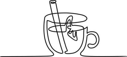 menú de bebidas calientes banner vectorial de una línea, fondo con garabato de vino caliente. ilustración de arte de una sola línea con bebidas calientes. vino caliente, grog, sidra caliente. vector