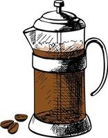 Vector illustration of french press hand drawn with pen and ink. French press coffee