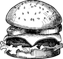 Hand drawn Cheeseburger or Hamburger. Sketch Vector illustration