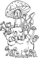 Human skull and mushroom sprouted sketch engraving vector illustration. Tattoo and t-shirt design skull mushroom wngraving